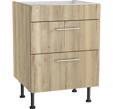 Waschbeckenunterschrank mit zwei Schubladen, Holzdekor und schwarzen Füssen für das Badezimmer.