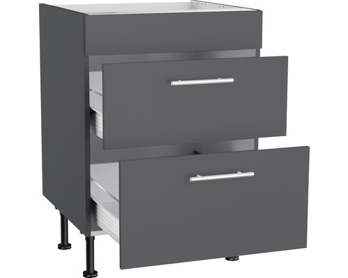 Meuble bas avec deux tiroirs et poignées argentées