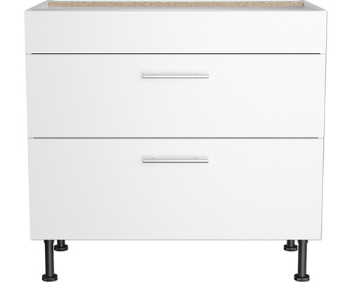 Meuble bas blanc avec deux tiroirs et pieds