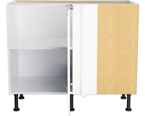 Meuble bas avec étagères et une porte ouverte