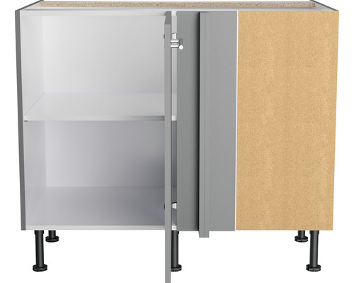 Meuble bas avec portes grises, ouvert avec étagère