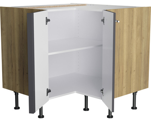 Meuble bas d''angle avec étagères et portes ouvertes