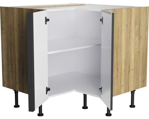 Meuble bas d''angle avec deux portes ouvertes et deux étagères