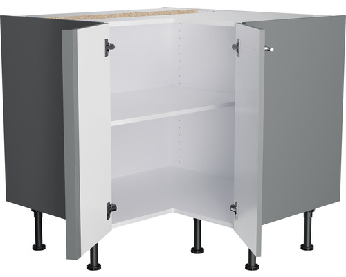 Meuble bas d''angle de cuisine avec deux étagères et portes ouvertes