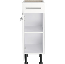 Meuble bas blanc avec tiroir, porte, étagère et pieds pour salle de bain ou cuisine