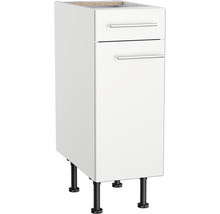 Meuble bas blanc avec deux tiroirs et pieds noirs