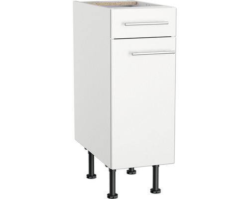 Meuble bas blanc avec deux tiroirs et pieds noirs