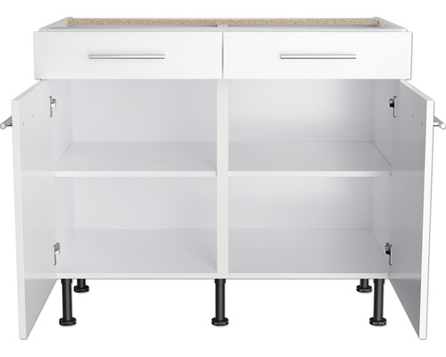 Meuble bas avec deux tiroirs, deux portes et étagères