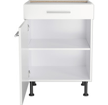 Meuble bas avec tiroir, porte ouverte et socle noir