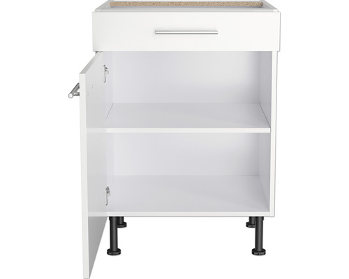 Meuble bas avec tiroir, porte ouverte et socle noir