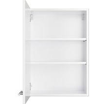 Offener weisser Badezimmerschrank mit Regalböden