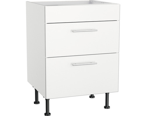 Meuble bas blanc avec deux tiroirs et pieds noirs