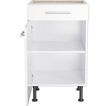 Meuble bas avec tiroir et porte ouverte avec étagère