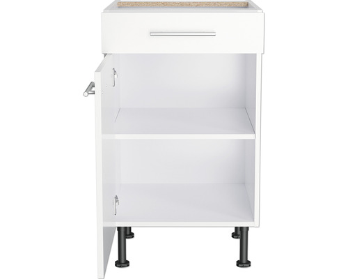 Meuble bas avec tiroir et porte ouverte avec étagère