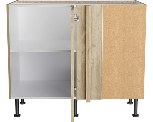 Meuble bas avec porte ouverte, intérieur avec étagère