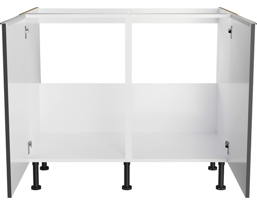 Meuble bas avec portes ouvertes et pieds