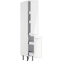 Armoire de cuisine haute avec éléments coulissants et portes ouvertes.