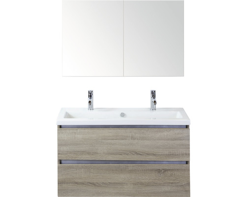 Ensemble de meubles de salle de bains Vogue 100 cm avec lavabo en céramique 2 trous pour robinetterie et armoire de toilette chêne gris