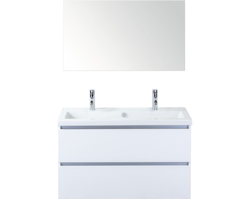 Ensemble de meubles de salle de bains Vogue 100 cm avec lavabo en céramique 2 trous pour robinetterie et miroir blanc à haute brillance