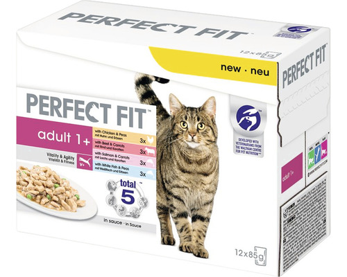 Nourriture pour chats Perfect Fit en sauce 1+ sachet 12x85g Perfect Fit Adult 1+ nourriture pour chat multipack avec poulet, boeuf, saumon et poisson blanc