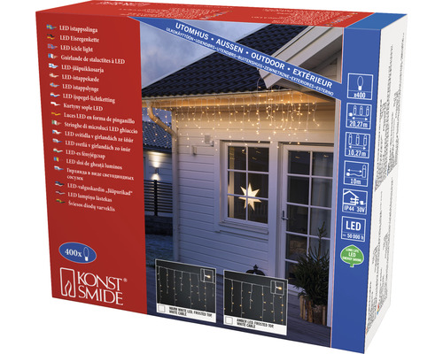 Konstsmide Logo. LED-Eisregenlichterkette mit 400 Leuchten für den Außenbereich.