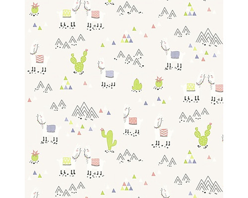 Papier peint intissé 36985-3 Boys & Girls gris lama blanc Papier peint avec des motifs de lamas, de cactus et de montagnes