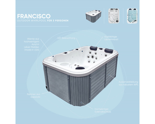 Francisco Outdoor Whirlpool für drei Personen mit LED Beleuchtung und Edelstahlrahmen