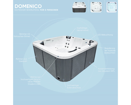 Domenico Outdoor Whirlpool für 5 Personen mit Edelstahlrahmen, Acrylwannen und LED-Beleuchtung