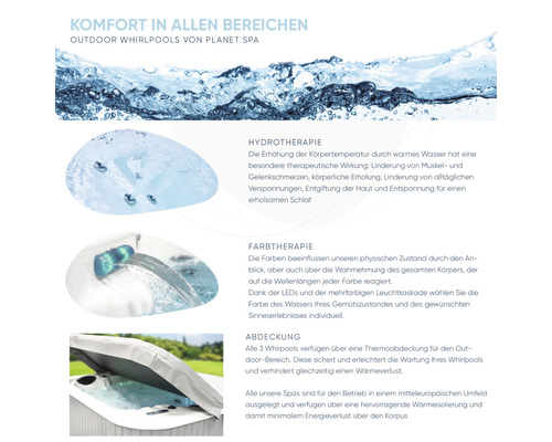 Informationen zu Planet Spa Outdoor Whirlpools, Hydrotherapie, Farbtherapie und Abdeckung