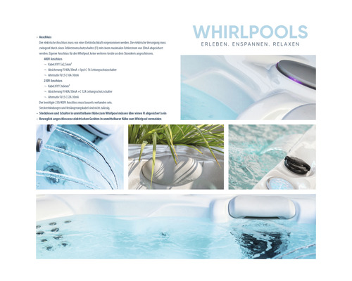 Detailansichten eines Whirlpools mit technischen Informationen und verschiedenen Perspektiven