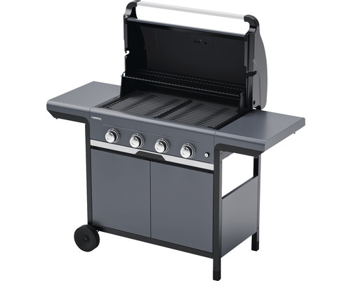 Barbecue à gaz avec quatre brûleurs, surfaces de rangement et armoire basse