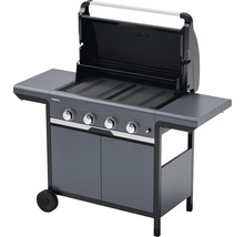 Barbecue à gaz avec quatre brûleurs, grilles de cuisson, tables latérales et armoire basse