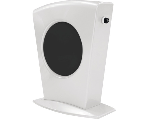 Weisser Heizlüfter mit rundem, dunklem Einsatz