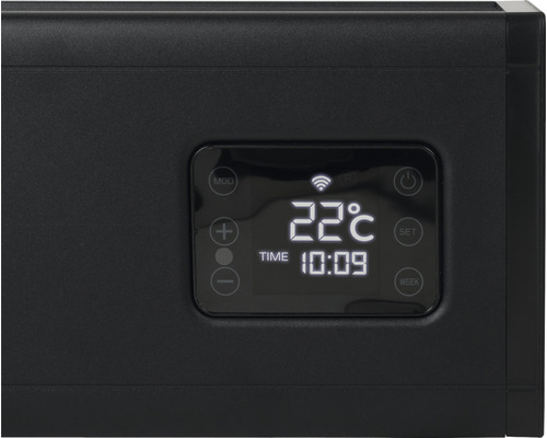 Affichage numérique d''un appareil de chauffage noir avec indication de la température et de l''heure