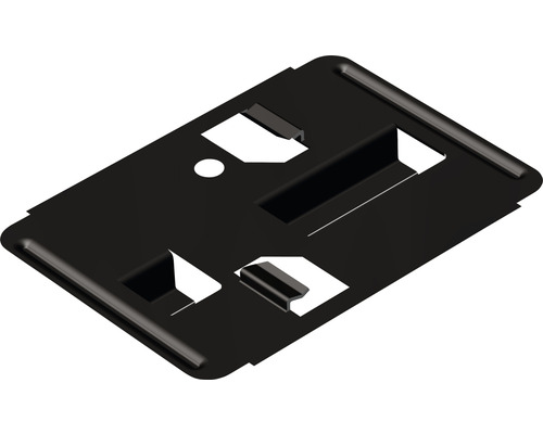 Schwarze Gerätehalterung mit Aussparungen.
