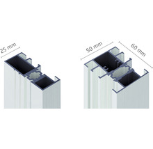 Zwei Aluminiumprofile mit den Maßen 25 Millimeter, 50 Millimeter und 60 Millimeter