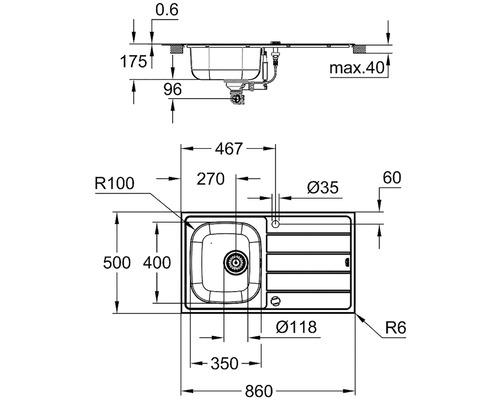Dessin technique d''un évier avec dimensions