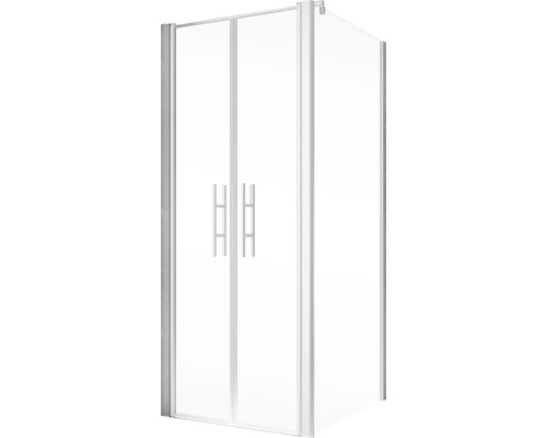 Cabine de douche d'angle avec deux portes et poignées