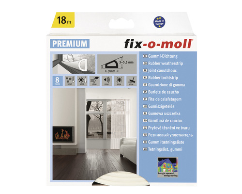 fix-o-moll Gummi-Dichtung PREMIUM D-Profil weiss 3-5,5x9 mm, 18 m Fix-o-Moll Gummidichtung, 18 Meter Rolle, Premium Produktverpackung