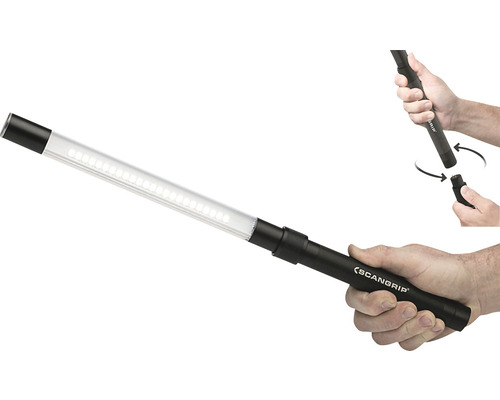 Lampe à manche Scangrip tenue à la main et démontage illustré