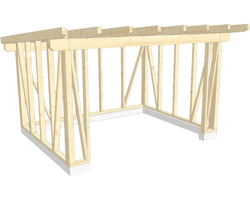 Structure en bois construction à ossature porteuse toit en appentis 350x450 cm Structure à ossature bois avec poutres horizontales et verticales sur fondations en béton
