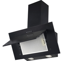 Hotte de cuisine noire avec façade ouverte et filtre à graisse métallique