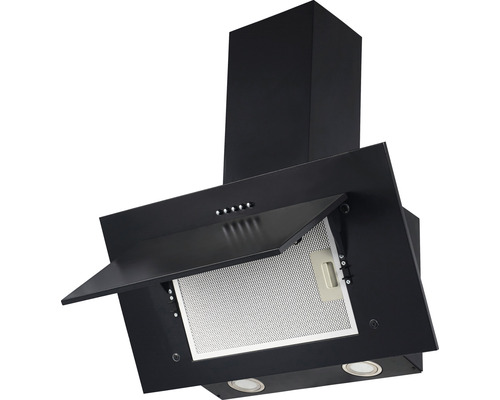 Hotte de cuisine noire avec façade ouverte et filtre à graisse métallique