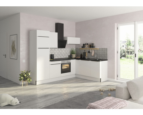 Cuisine d'angle sans appareils Optifit OPTIkoncept Arvid986 blanc largeur 270x200 cm variante gauche KCAV 2720LOE-8+