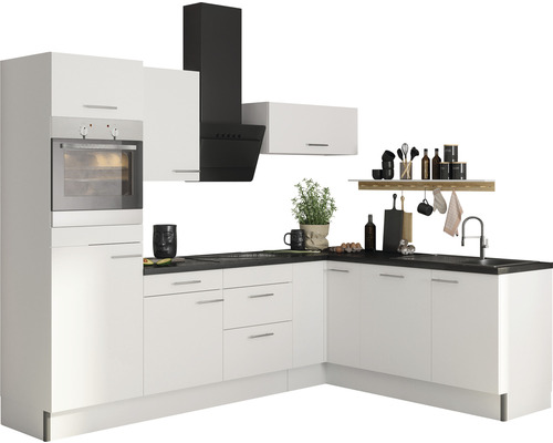 Cuisine d'angle sans appareils Optifit OPTIkoncept Bengt932 blanc largeur 270x200 cm variante gauche KCBE 2720LAOE8+