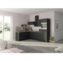 Cuisine moderne avec armoires noires, plan de travail imitation bois et crédence en carreaux