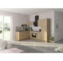 Helle Küche mit Holzoptik, Dunstabzugshaube und grauen Fliesen