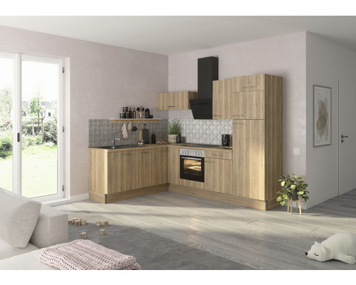 Cuisine claire avec aspect bois, hotte aspirante et carreaux gris