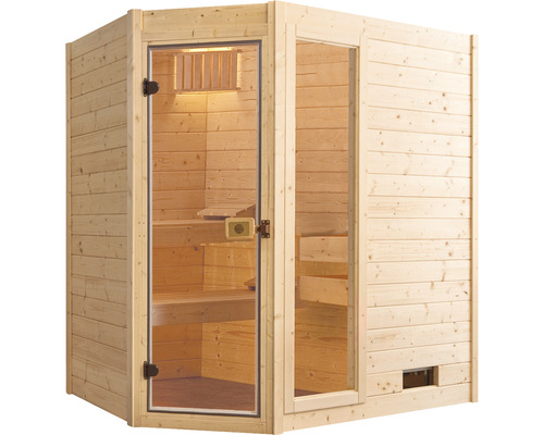 Ecksauna mit Glastür und Holzbänken