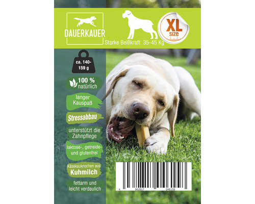 Emballage d''un os à mâcher au fromage au lait de vache pour chiens de taille XL avec une forte force de morsure entre 35 et 45 kg